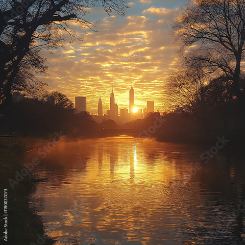 A quiet sunrise over an iconic city skyline, with golden reflections photo