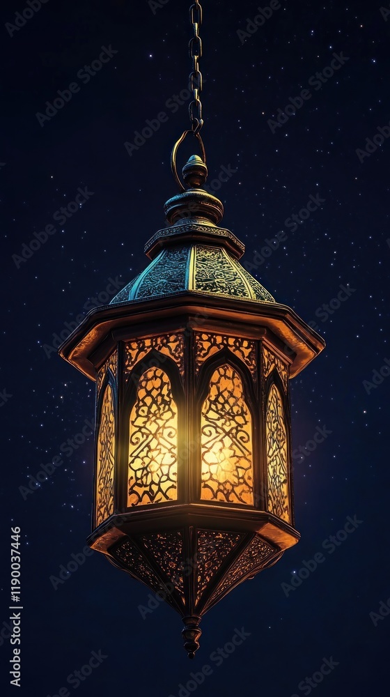 A decorative lantern glowing warmly against a starry night sky. A decorative lantern glowing warmly against a starry night sky.