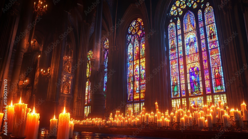 Fototapeta premium Candles and stained glass in cathedral