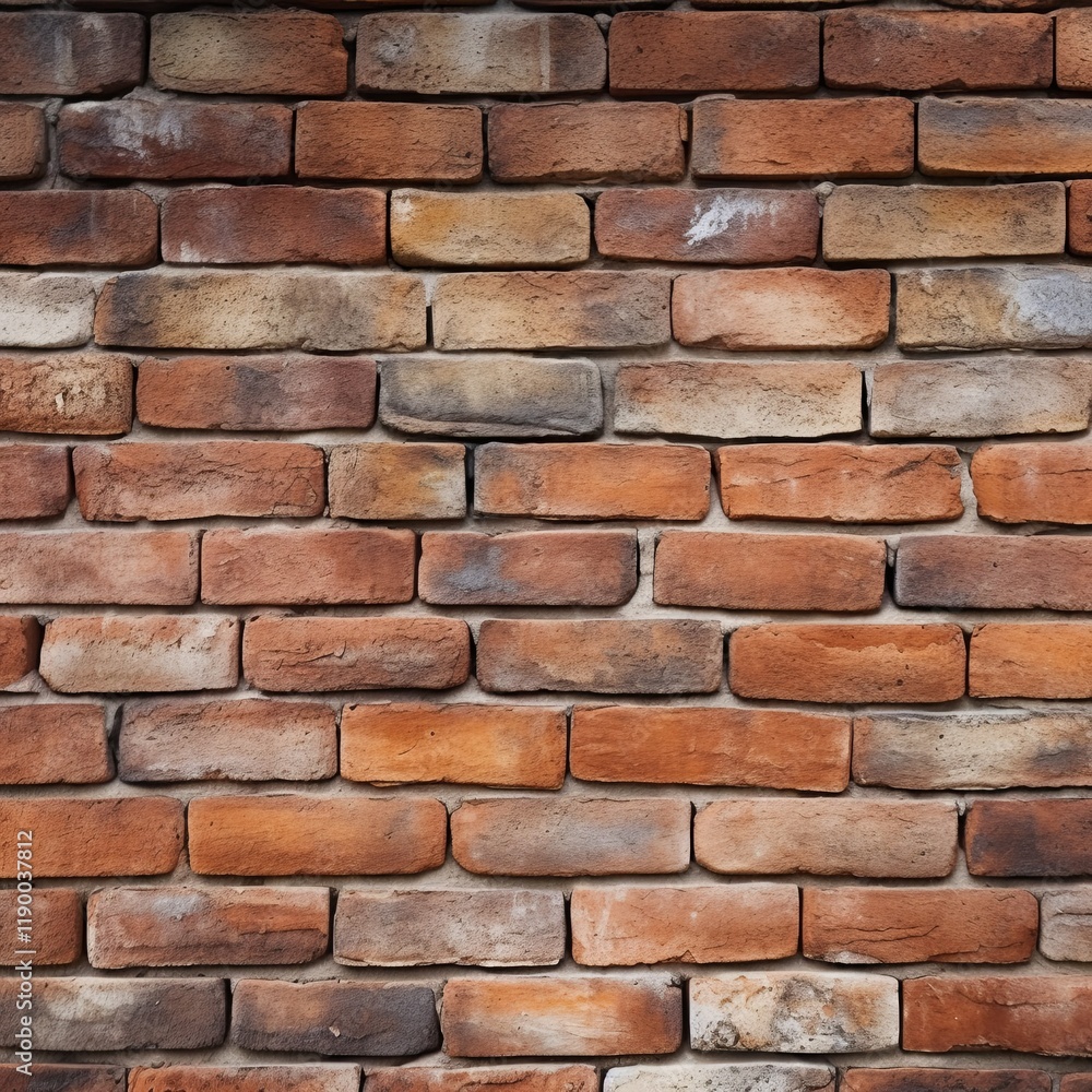 Rustic red and brown brick wall with rough surfaces and weathered details. Architectural background for construction and design projects Rustic red and brown brick wall with rough surfaces and weathered details. Architectural background for construction and design projects