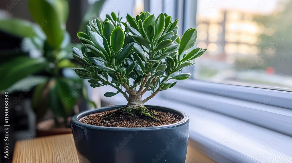 Fototapeta premium Jade Bonsai Plant in Pot Indoor Plant Home Decor Green Leaves
