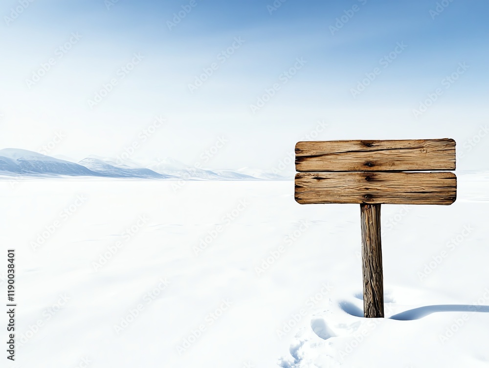 Fototapeta premium Isolated wooden signpost in the middle of a snowy landscape, surrounded by nothing but vast white space