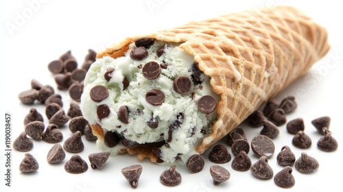 Mint Chocolate Chip Ice Cream in a Waffle Cone photo