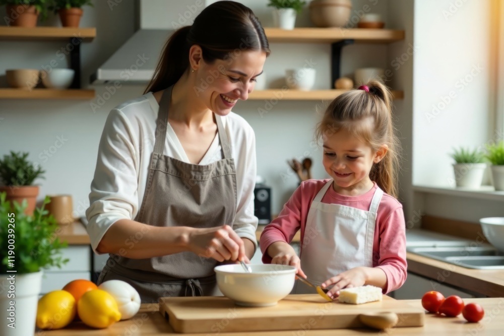 Happy mom and child in the kitchen, mixing ingredients, family time, yummy treats, mother child Happy mom and child in the kitchen, mixing ingredients, family time, yummy treats, mother child