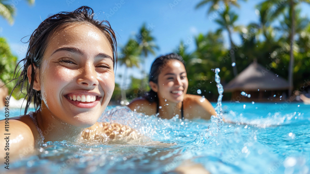Indonesian woman and her friend swimming in a luxury tropical resort pool Indonesian woman and her friend swimming in a luxury tropical resort pool