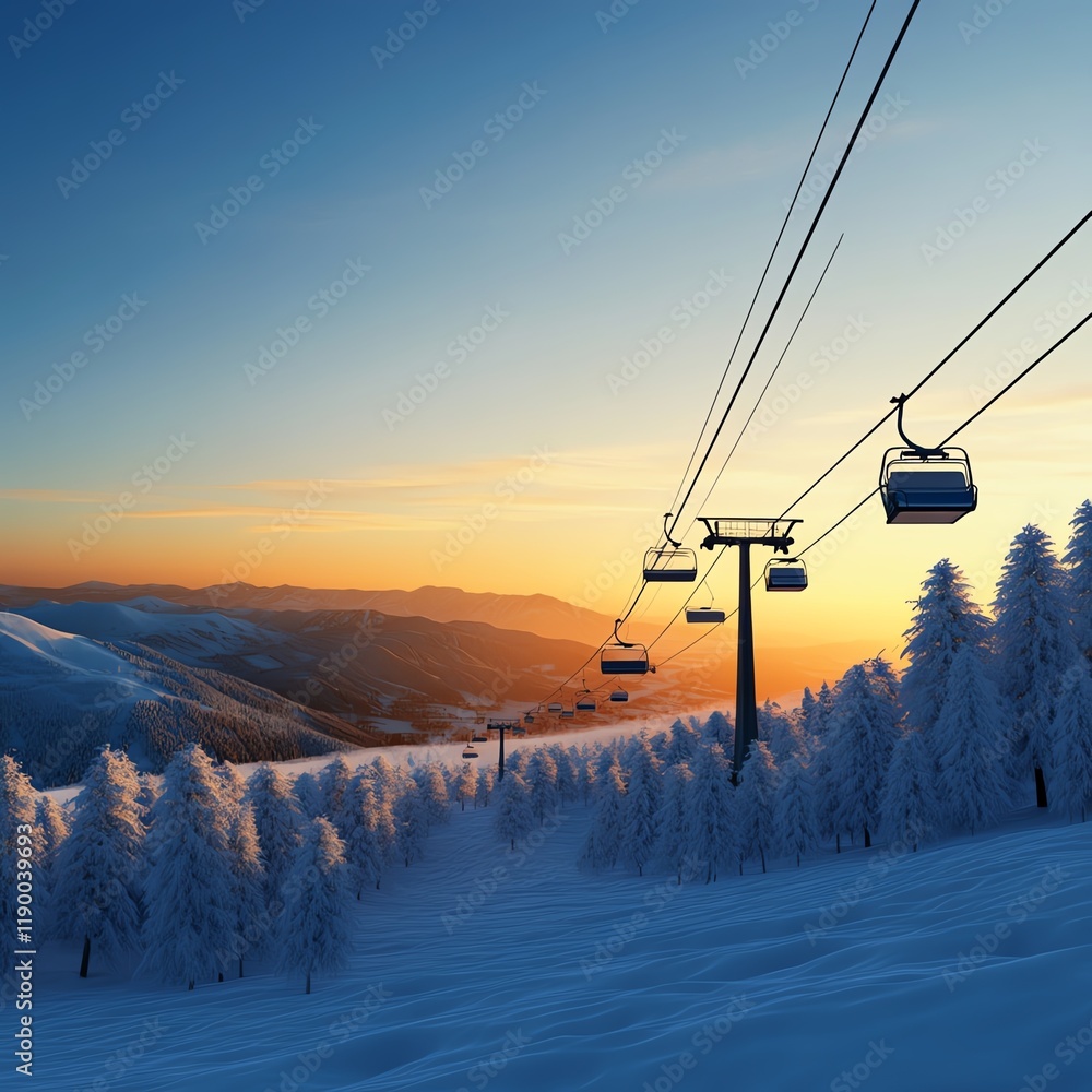 Ski lift at dawn, golden light over snowdusted trees, alpine resort backdrop, 3D illustration Ski lift at dawn, golden light over snowdusted trees, alpine resort backdrop, 3D illustration