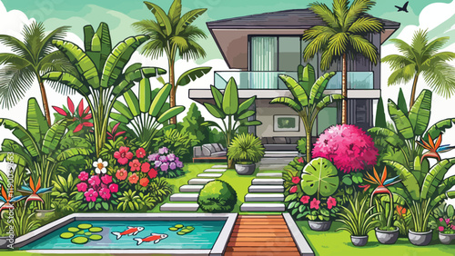 A lush tropical front garden with vibrant greenery, palm trees, banana plants, and colorful flowers like hibiscus and bougainvillea, complemented by a small koi pond and a wooden walkway.