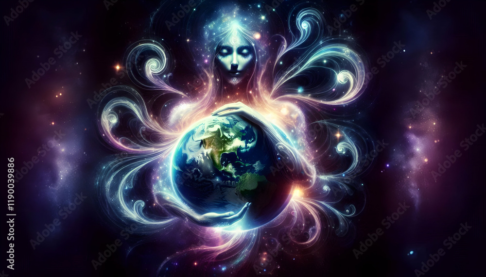 Obraz premium Vibration A radiant ethereal figure holds the Earth close, with intricate cosmic patterns flowing from its arm2