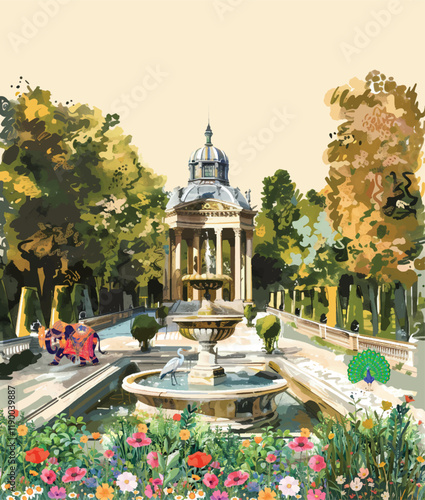 Ancient Roman garden with balustrade, fountain, temple, dome, peacock, parrot, bird, flower seamless pattern illustration