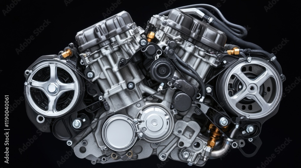 Mechanics repair to improve engine efficiency. Engine close-up showcasing intricate mechanical components on a dark background. Mechanics repair to improve engine efficiency. Engine close-up showcasing intricate mechanical components on a dark background.