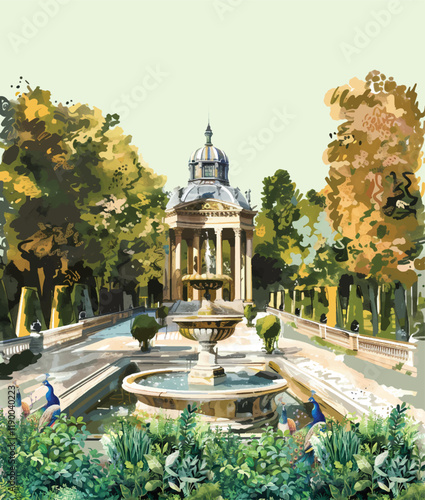 Ancient Roman garden with balustrade, fountain, temple, dome, peacock, parrot, bird, flower seamless pattern illustration