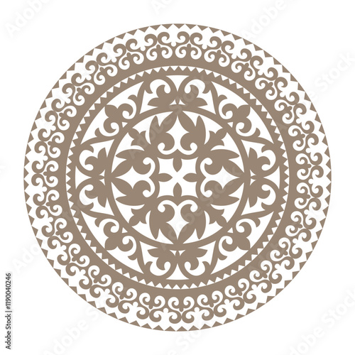 Gold round Kazakh national ornament, persian motiff on white background. Abstract Patterns of Turkic peoples, Kazakh, Kyrgyz, Mongol. Islam, Arabic, Indian, ottoman motif. Gold Medallion, embroidery