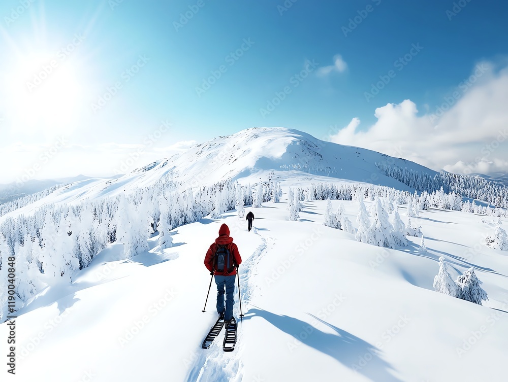 Snowshoeing adventure, hikers exploring snowy forests, untouched snow paths, 3D illustration Snowshoeing adventure, hikers exploring snowy forests, untouched snow paths, 3D illustration