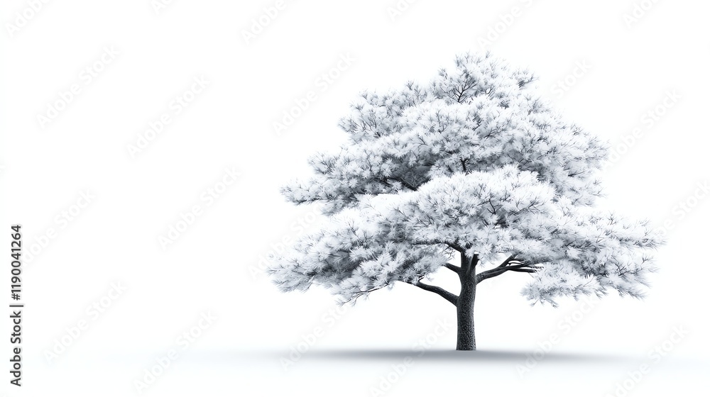 Fototapeta premium Snowy pine tree against a blank white sky, with no other elements to distract from its natural beauty