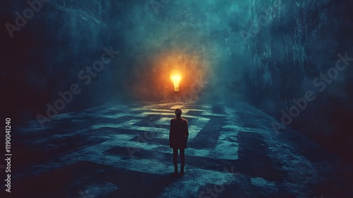Conceptual Image of a Person Standing in a Dark Maze with a Bright Light Bulb Symbolizing Inspiration and Ideas Emerging from Darkness
