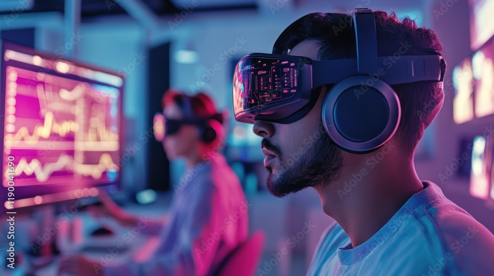 Immersive Virtual Reality Experience: Man Exploring Digital Worlds Immersive Virtual Reality Experience: Man Exploring Digital Worlds