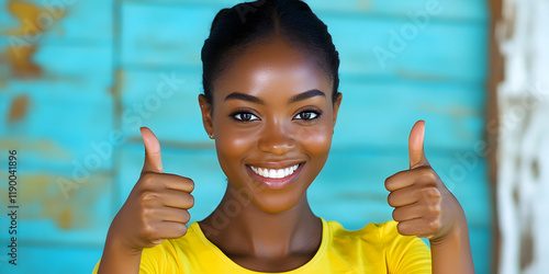 Happy Woman Shows Thumbs Up, Expressing Joy and Success. photo