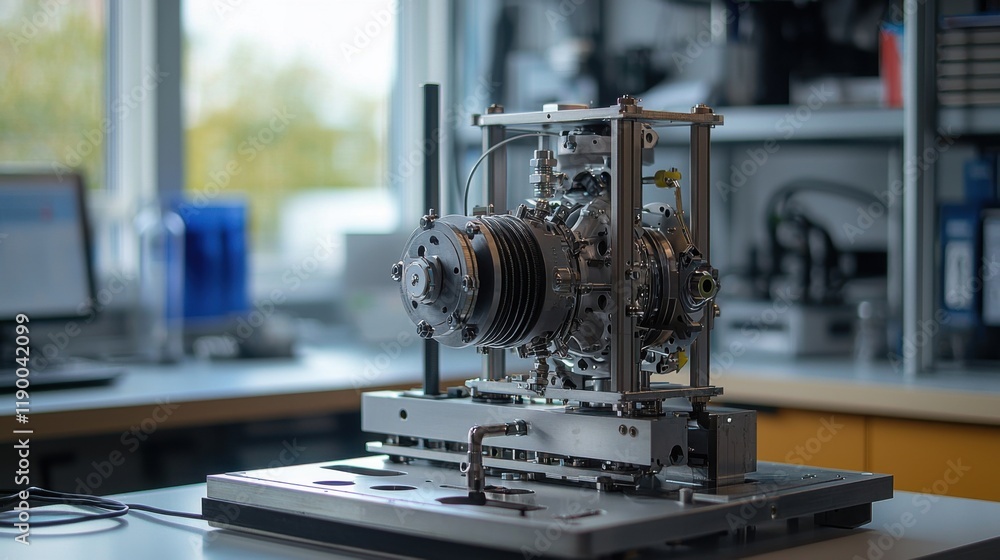 Mechanics repair to improve engine efficiency. A detailed mechanical model displayed in a workshop environment. Mechanics repair to improve engine efficiency. A detailed mechanical model displayed in a workshop environment.