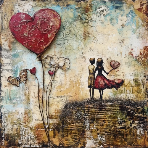 A whimsical mixed media artwork depicting a young couple photo