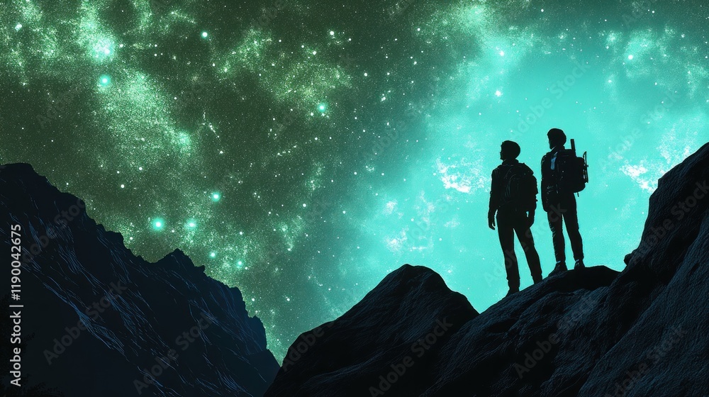 Fototapeta premium Starry Night Hikers: A Celestial Adventure