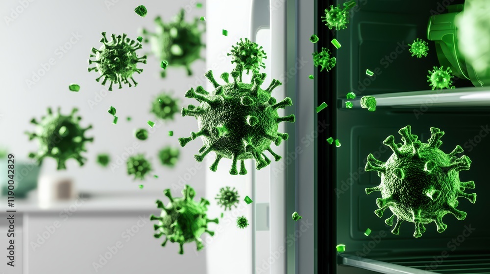 Fototapeta premium A graphic representation of viruses in green, emerging from a refrigerator, illustrating concerns about food safety and contamination.