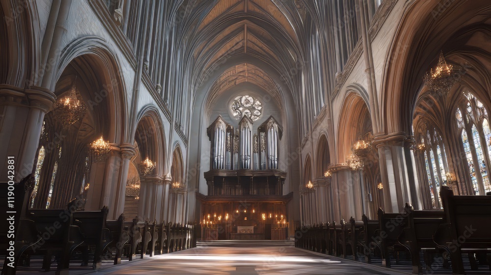 Fototapeta premium Grand church interior with pipe organ