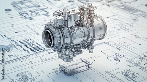 Mechanics repair to improve engine efficiency. 3D illustration of a mechanical device on a technical blueprint background.