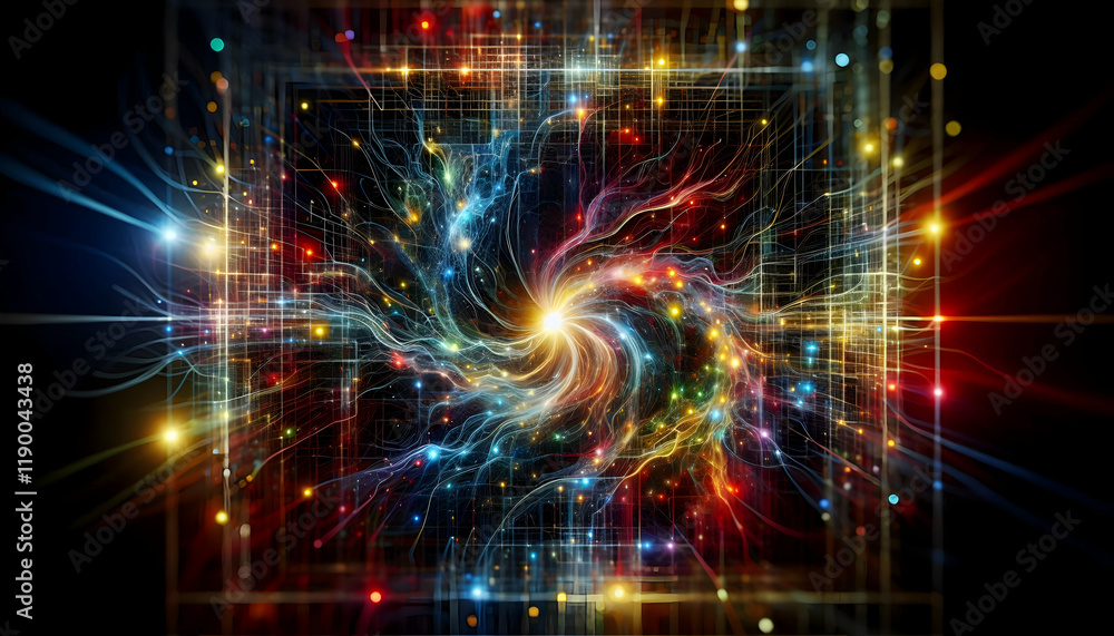 Vibration A dark backdrop filled with a swirling display of multicolored light trails (blue, red, yellow, gree1 Vibration A dark backdrop filled with a swirling display of multicolored light trails (blue, red, yellow, gree1