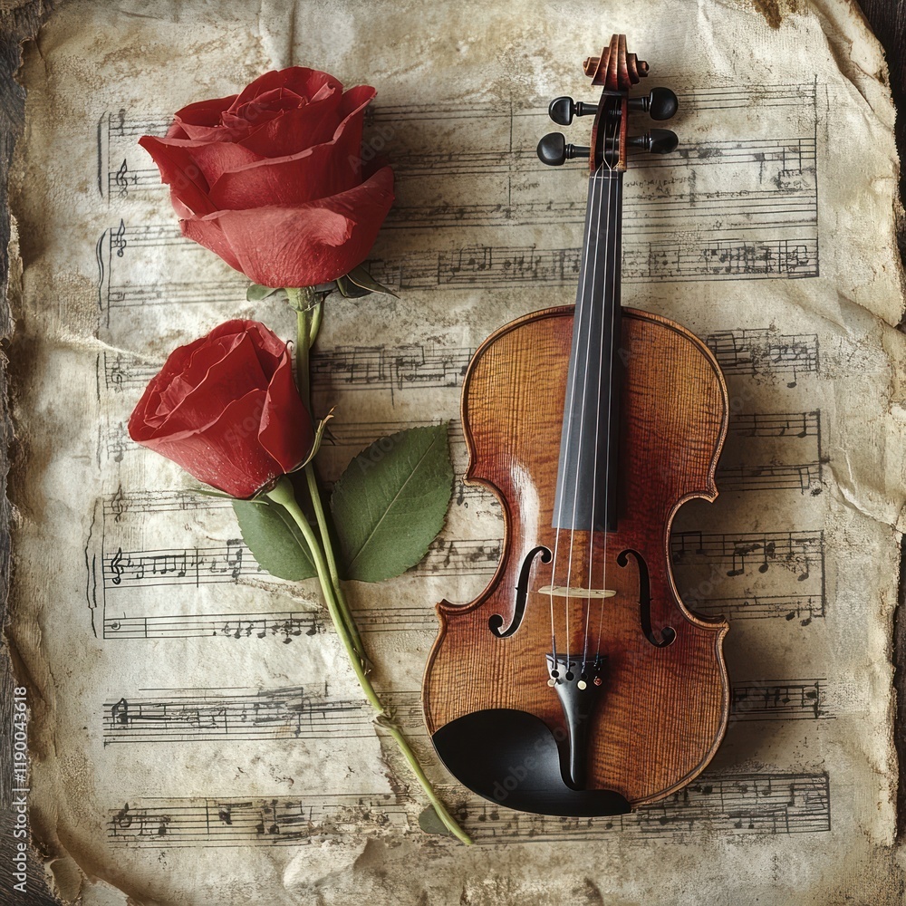 Fototapeta premium Romantic Violin Still Life with Roses on Old Sheet Music