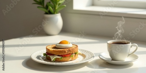 Wallpaper Mural Sunny Morning Breakfast Toasted Bread with Fried Egg, Cheese, and Fresh Greens Served with Aromatic Coffee Torontodigital.ca