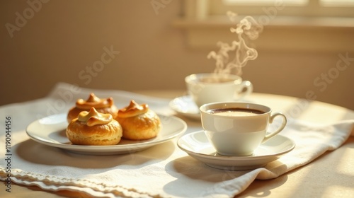Wallpaper Mural Warm morning light illuminates a cozy table setting featuring delicate pastries and steaming cups of coffee. Torontodigital.ca