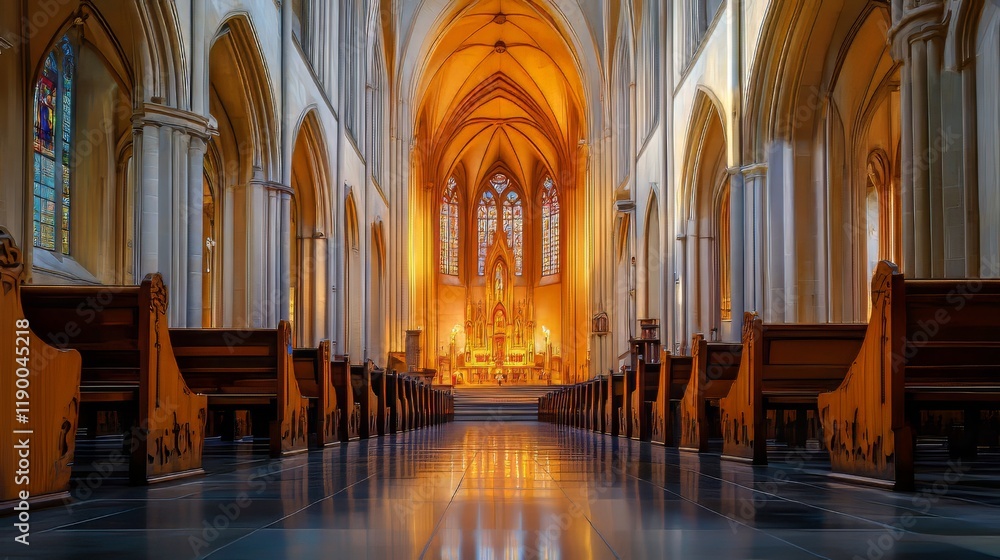 Fototapeta premium Serene church interior, sunlight beams