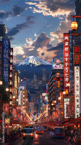Obraz na płótnie Illuminated Skyline: An Enchanting Blend of Modern and Traditional City Life in Japan w salonie