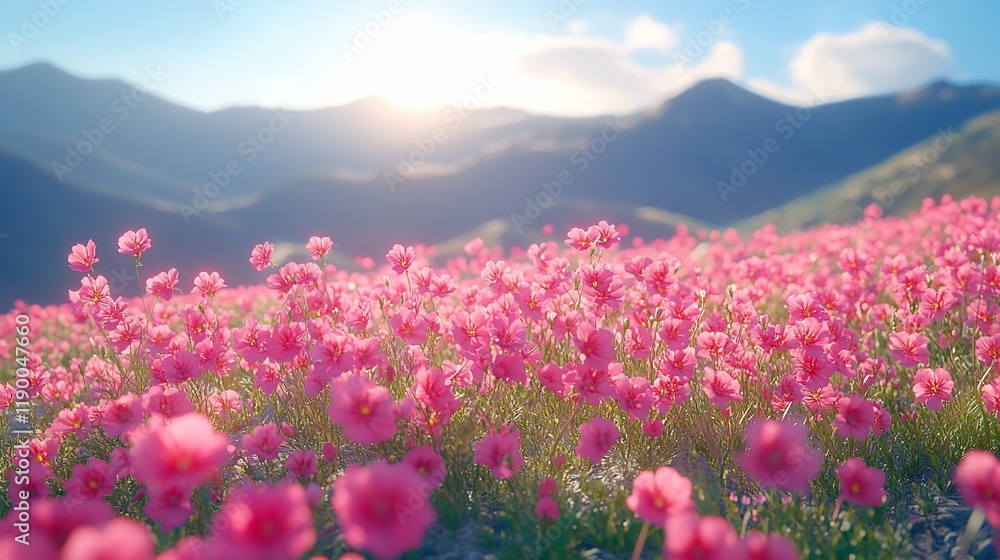 Pink flowers bloom at sunrise, mountain backdrop Pink flowers bloom at sunrise, mountain backdrop