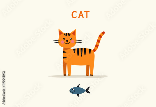 ファンタジーなスカンジナビアイラスト、オレンジ色の猫と黒い縞、CAT文字と太字の魚、ベージュ背景