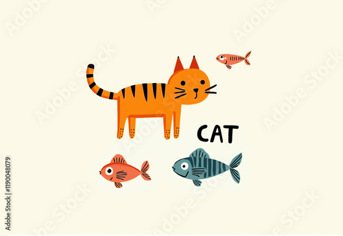 明るくカラフルなスカンジナビア極簡デザイン、オレンジ色の猫と黒い縞、太字の魚