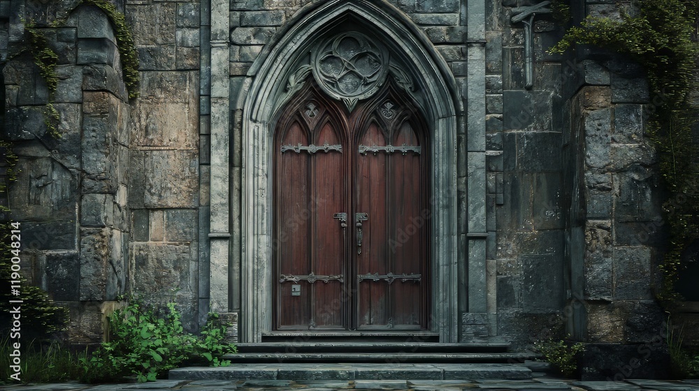 Ancient wooden doors in stone archway Ancient wooden doors in stone archway