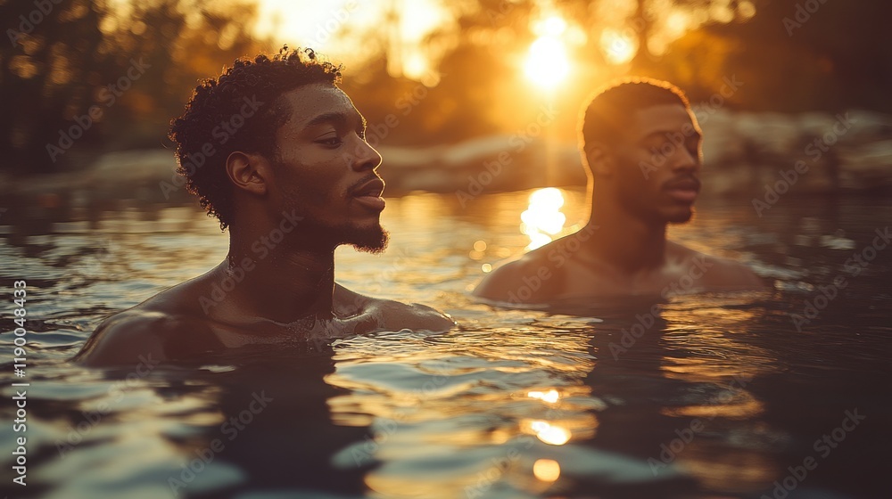 baptism two black men in white standing in a river close up in the sunrays baptism two black men in white standing in a river close up in the sunrays