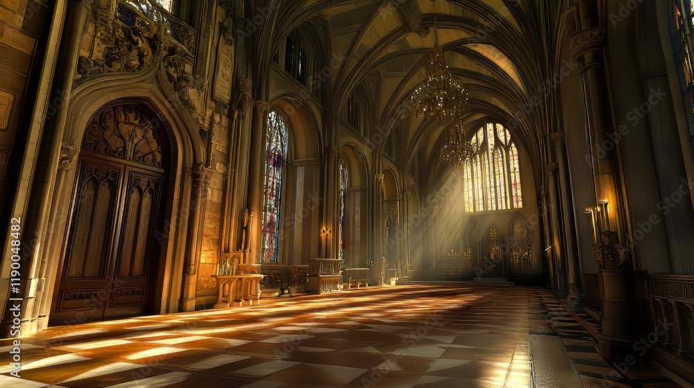 Fototapeta premium Sunlit Gothic Cathedral Interior