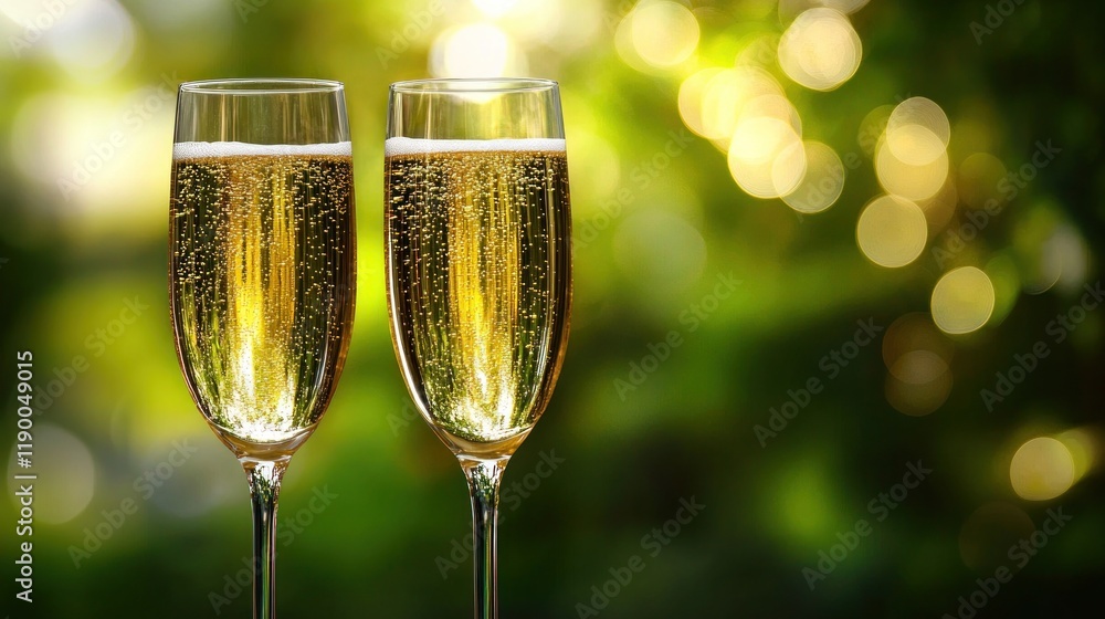 Sparkling champagne flutes outdoors, bokeh background Sparkling champagne flutes outdoors, bokeh background