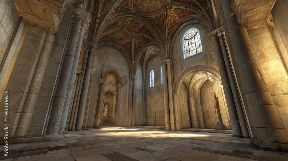 Fototapeta premium Sunlit stone cathedral interior