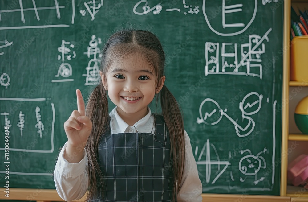 A little girl is standing in front of the blackboard, pointing to one symbol on it with her finger and smiling happily. A little girl is standing in front of the blackboard, pointing to one symbol on it with her finger and smiling happily.