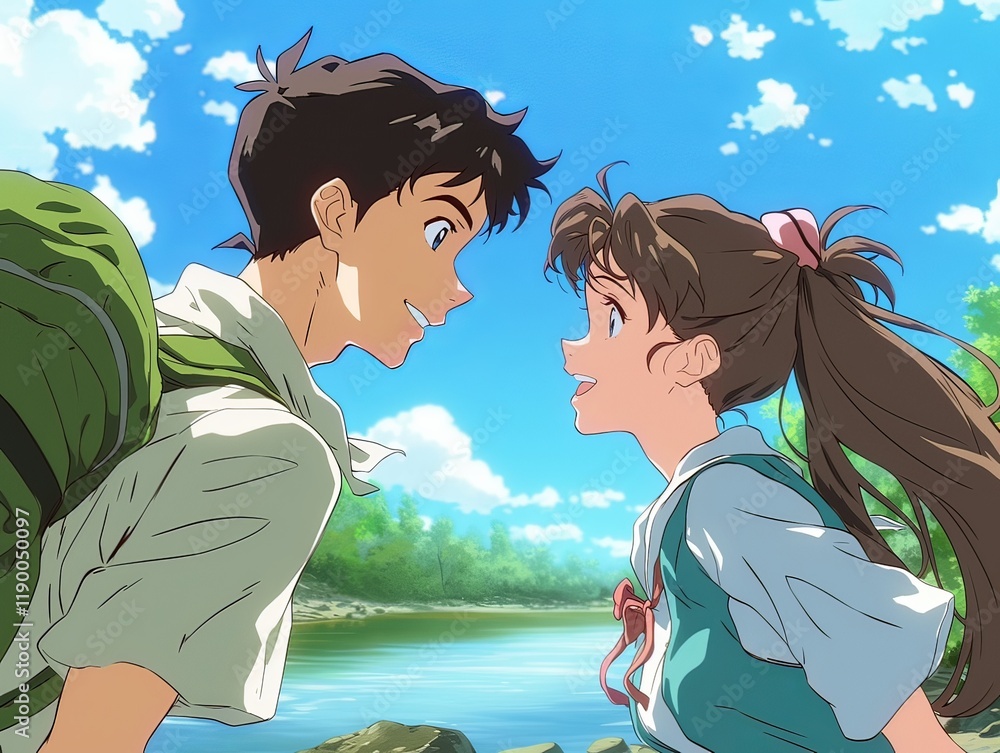 A young man smiling and talking to his girlfriend, who has long, straight brown hair tied in white high ponytails and wears a light blue school uniform. A young man smiling and talking to his girlfriend, who has long, straight brown hair tied in white high ponytails and wears a light blue school uniform.