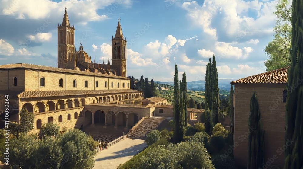 Fototapeta premium Historic monastery in sun-drenched landscape