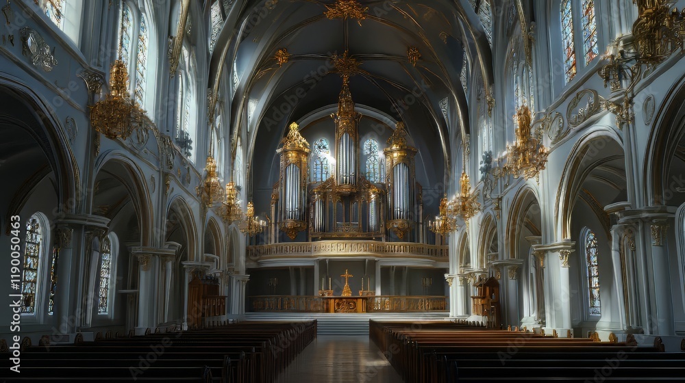 Fototapeta premium Grand church interior with pipe organ