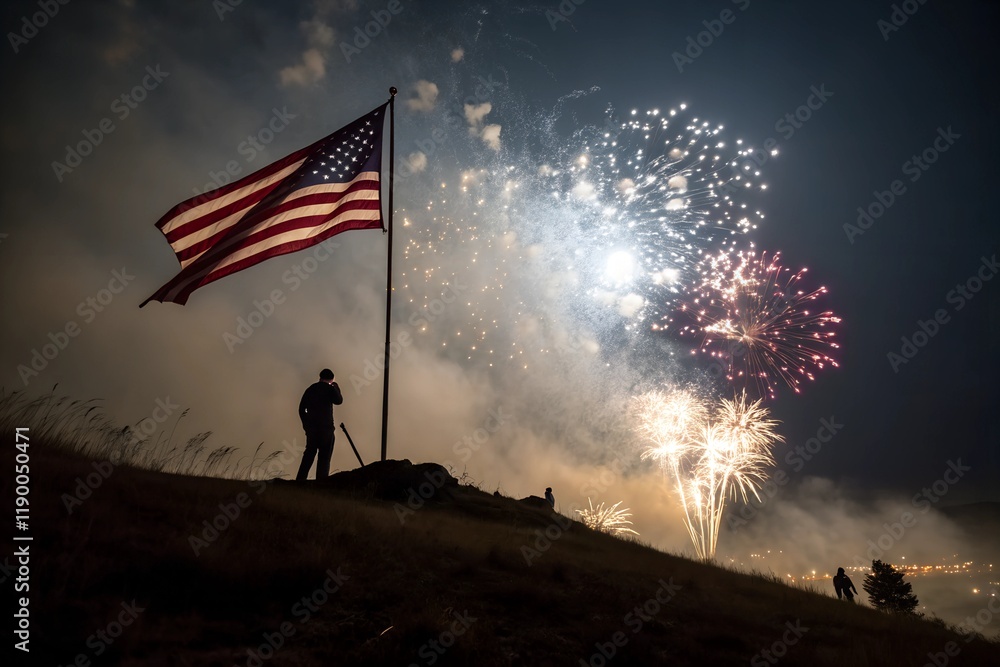 Obraz premium American flag on hilltop with fireworks