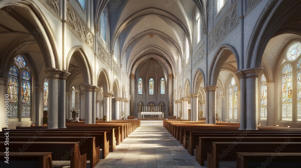 Fototapeta premium Serene church interior, sunlight streams in.