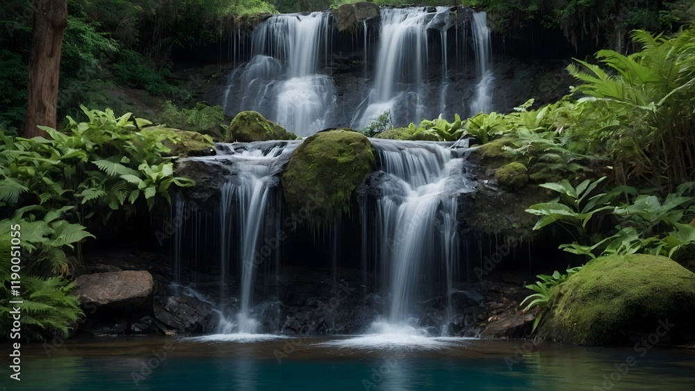 A single waterfall cascading into a serene pool A single waterfall cascading into a serene pool