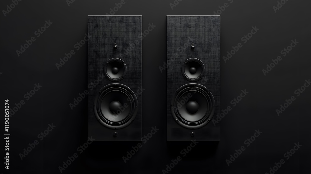 Fototapeta premium Two sound speakers with free space between them, set against a black background.