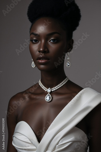 Black model with high end jewelry and dramatic studio light 